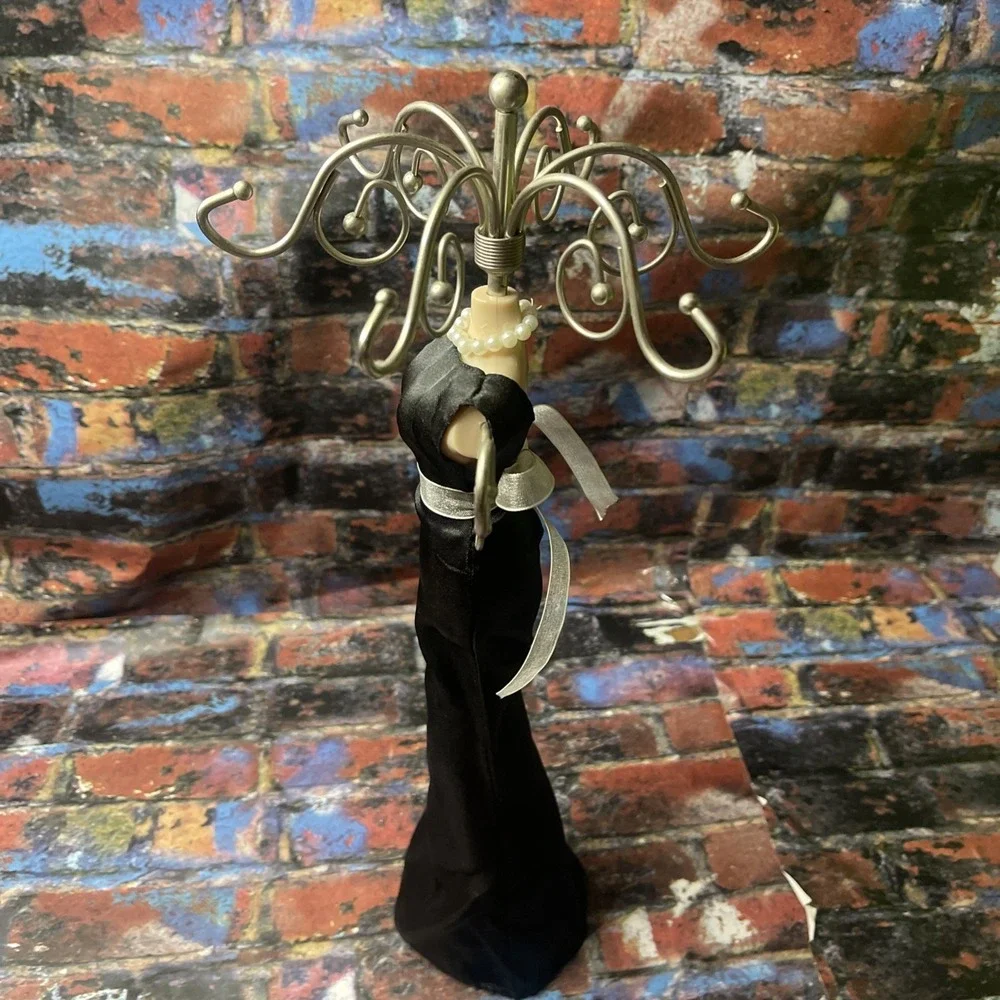 Dress Form Hanging Jewelry Stand Black/Silver Metal & Fabric 15 Inches Tall